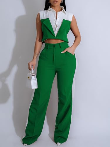 Two Piece Sets for Women Summer Outfits Color Block Sleeveless Lapel Button Up Crop Shirt Top Wide Leg Long Pants Sets Green Size 2XL