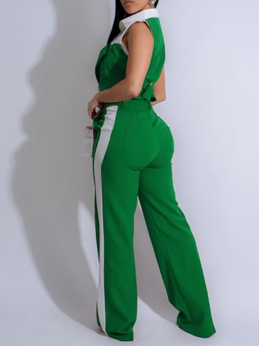 Two Piece Sets for Women Summer Outfits Color Block Sleeveless Lapel Button Up Crop Shirt Top Wide Leg Long Pants Sets Green Size 2XL