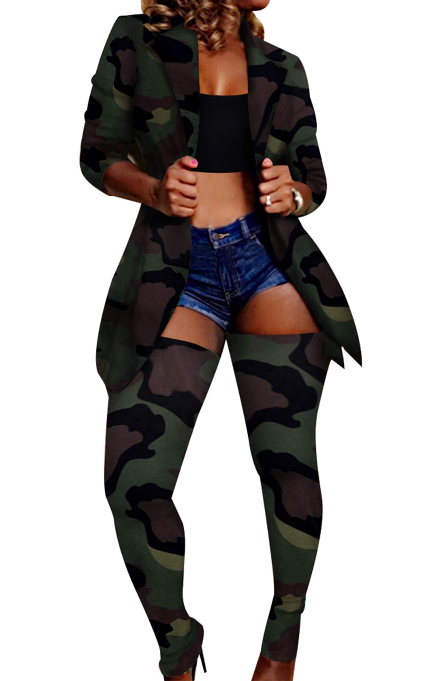 Sexy 2 Piece Club Outfits for Women Camouflage Print Open Front Jacket and Skinny Long Stockings Set