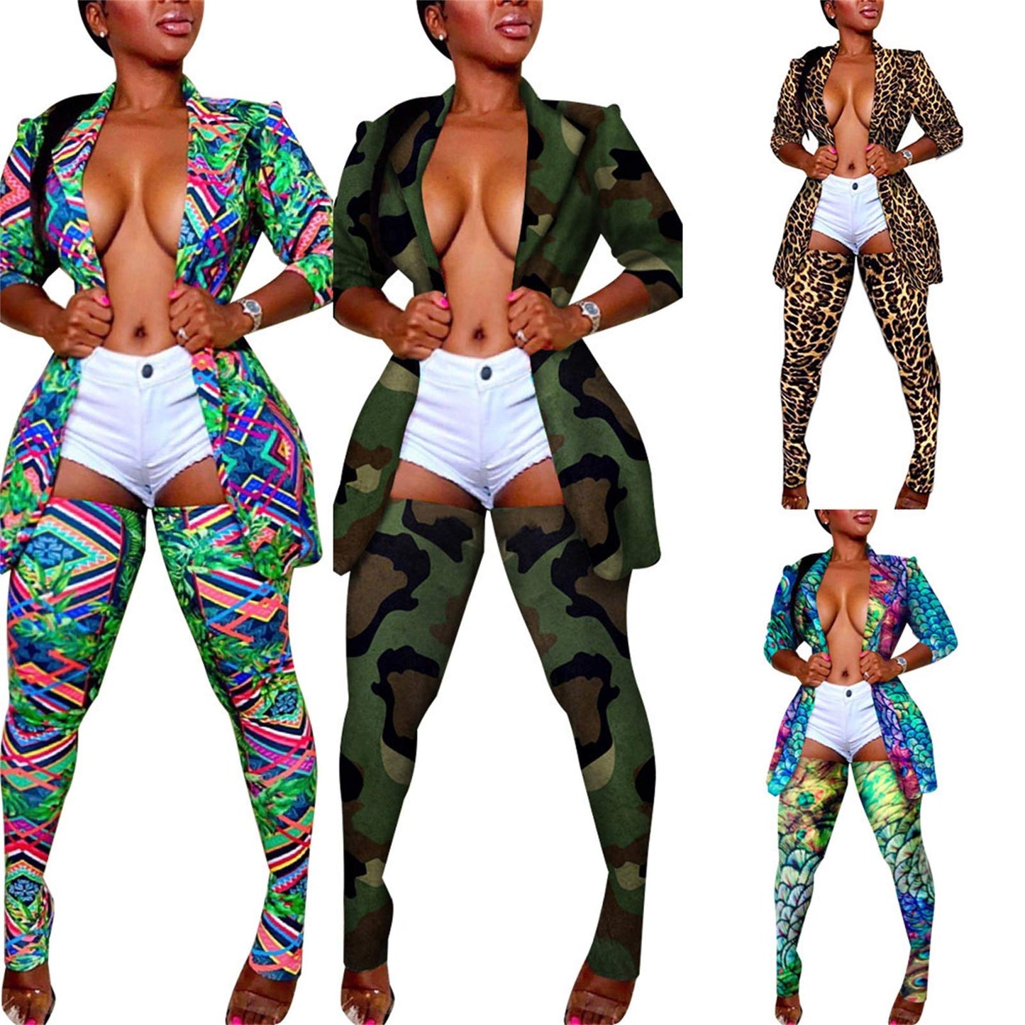 Sexy 2 Piece Club Outfits for Women Camouflage Print Open Front Jacket and Skinny Long Stockings Set