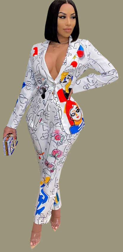 Women's Sexy 2 Pieces Denim Printed Zipper Jackets Bodycon Pants Party Clubwear Tracksuit Outfits Set (S, white)